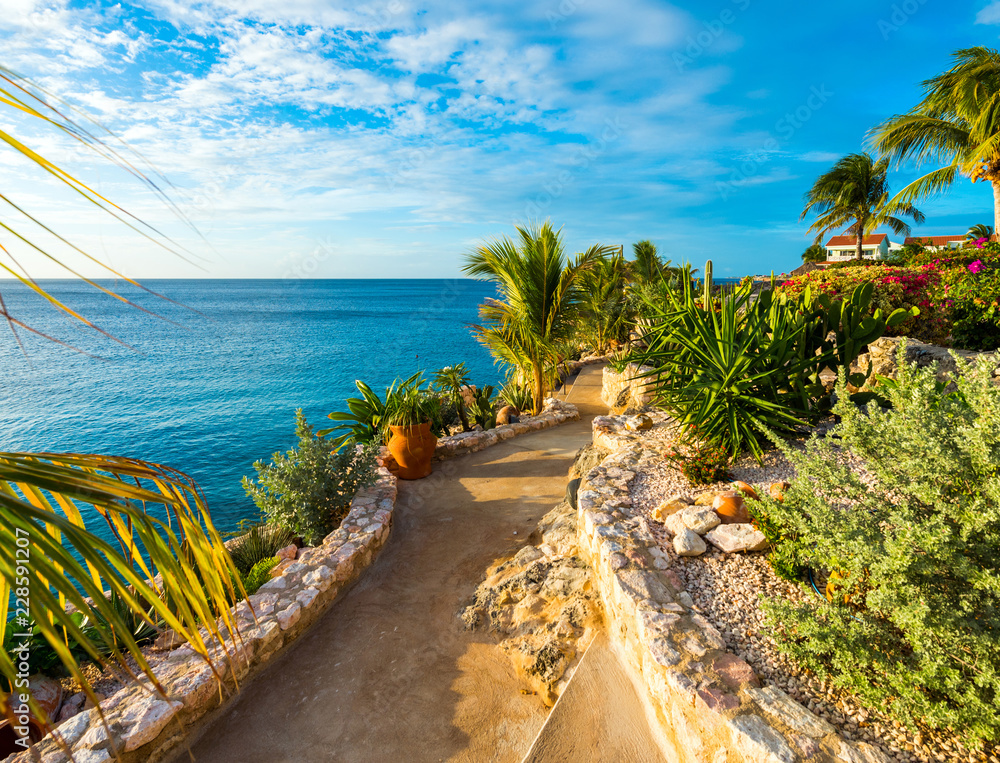 Naklejka premium CURACAO, NETHERLANDS - JANUARY 23, 2018: View of the seascape in Playa Lagun. Copy space for text.