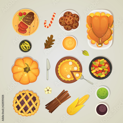 Vector set thanksgiving dinner icons, top view. Food on the table: roast turkey, pie, sauce, pumpkin, vegetables illustration.
