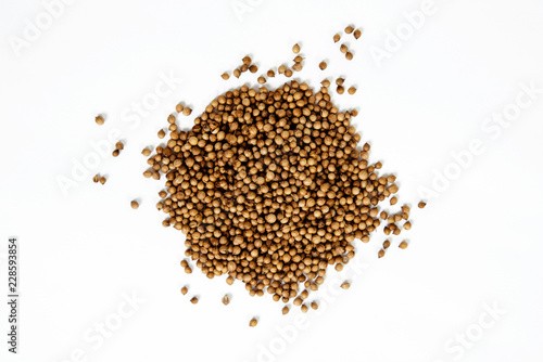 Dried coriander seeds. Coriander spilled on a white background. The concept of using herbs and spices for dishes. Strong taste of dishes. Improving the taste.