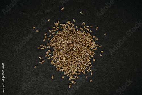 Grains of anise on a dark, stone counter. Anise seeds. The concept of using herbs and spices for dishes. Improving the taste. Adding clarity to dishes. photo