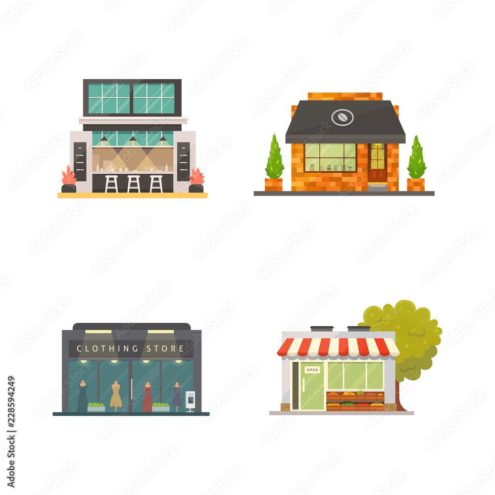 Shop store buildings vector illustrations set. Market exterior, restaurant and cafe. Urban front houses.