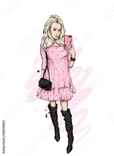 A girl in a beautiful dress makes selfie with a smartphone. Fashion, style, clothing and accessories. Vector illustration. Stylish girl. Beautiful dress, boots and bag.