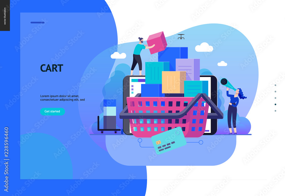 Business series, color 2- cart - modern flat vector illustration concept of online shop - people placing boxes into the cart. Purchase cart and shopping process. Creative landing page design template