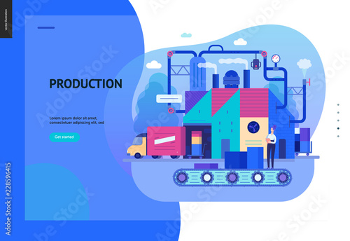 Business series, color 2 - factory production -modern flat vector illustration concept of industrial enterprise. Manufacturing and production interaction process. Creative landing page design template