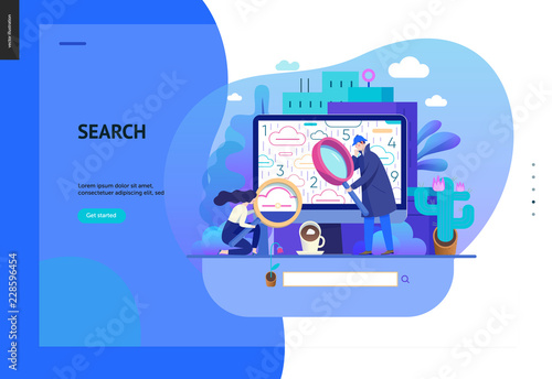 Business series, color 2 - search page - modern flat vector illustration concept of digital data research on computer. Information researching interaction process Creative landing page design template
