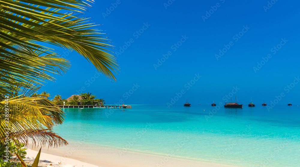 Turquoise ocean with Dhoni boats and a sandy beach, Maldives. Copy space for text.