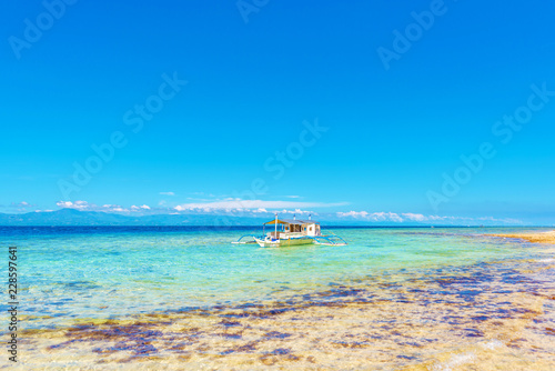 Crystal clean ocean with coral and a boat in Moalboal  Cebu  Philippines. Copy space for text.