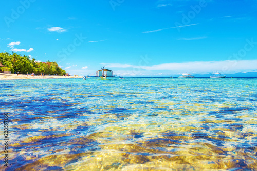 Crystal clean ocean with coral and a boat in Moalboal, Cebu, Philippines. Copy space for text. photo