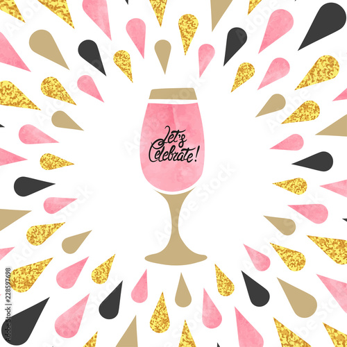 Celebration circle background with drops and champagne glass.