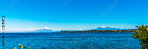 View of the mountain landscape on the Llanquihue lake, Puerto Varas, Chile. Copy space for text.