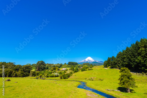 Volcano Osorno in national park Vicente Perez Rosales, Chile. Copy space for text.