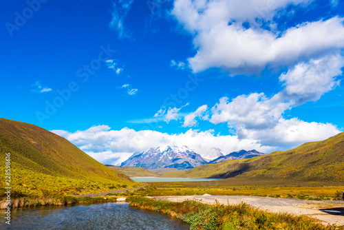 Lake Pehoe, Torres del Paine National Park, Patagonia, Chile, South America. Copy space for text.