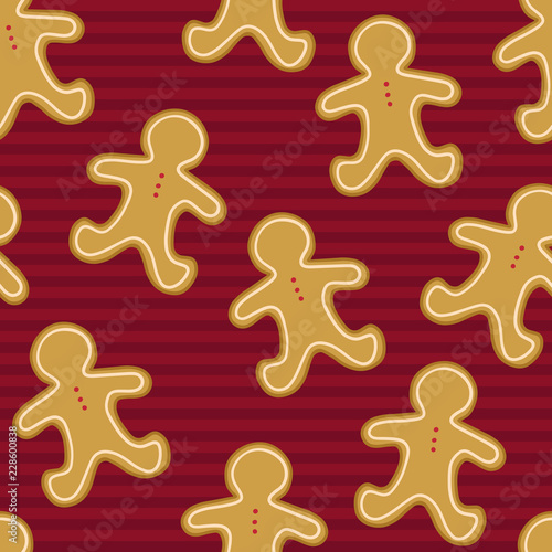 Seamless Pattern of Gingerbread Men on a Red Stripes Background