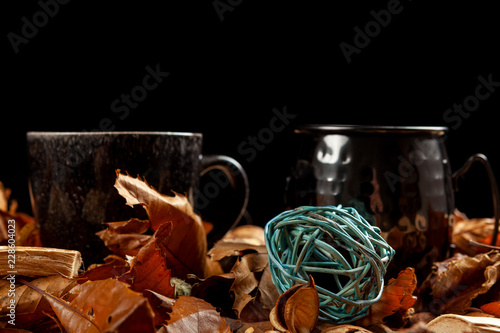 Two mugs of coffee amoungst fallen autumn leaves
