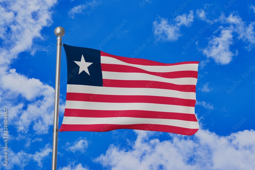Liberia national flag waving isolated in the blue cloudy sky realistic 3d illustration	