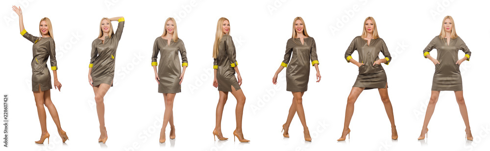 Blondie in gray satin dress isolated on white