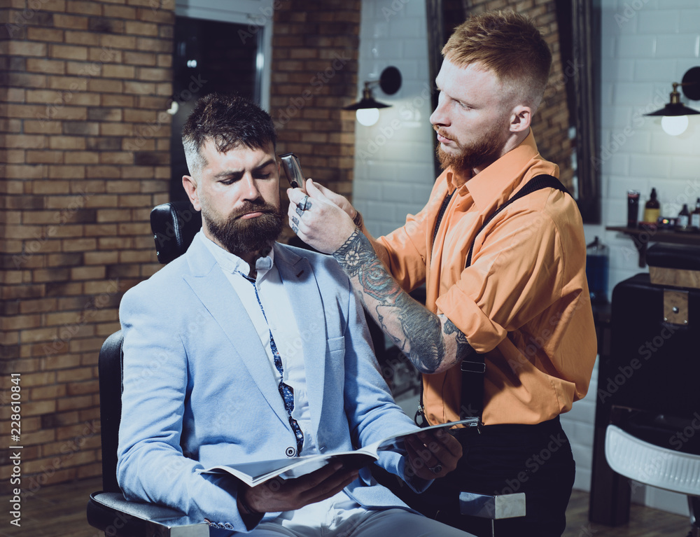 He is doing styling with the shaver. Moustache Wax. Barbershop vintage. Man  visiting hairstylist in barber shop. Hair salon and barber vintage. Beard  styling cut. Portrait bearded man. Stock Photo | Adobe