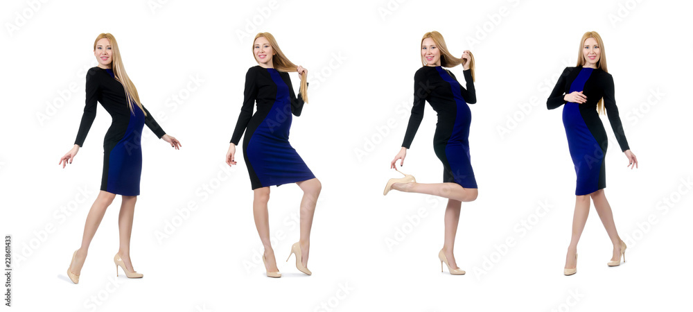 Fototapeta premium Pretty pregnant woman in black dress isolated on white