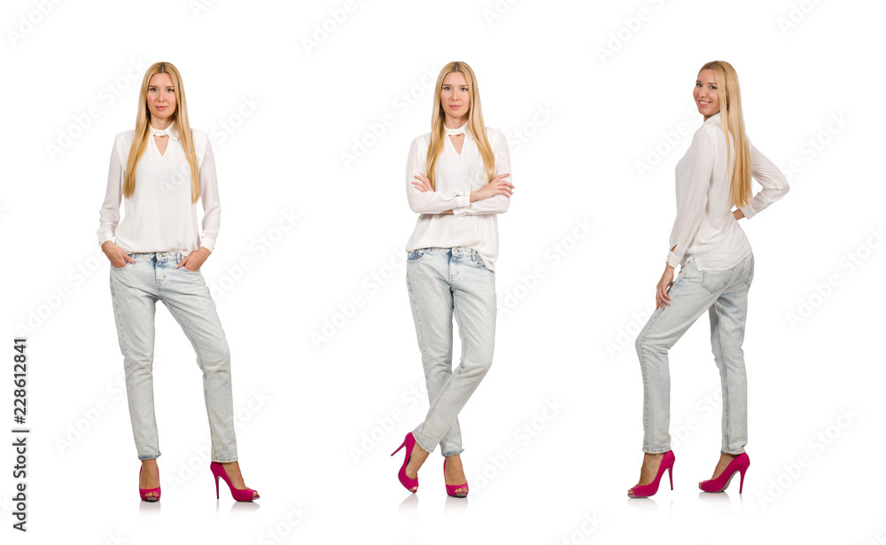 Obraz premium Pretty woman in blue jeans isolated on white