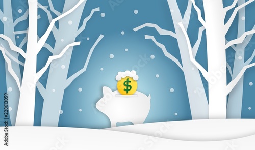 abstract saving money concept landscape, vector,winter season,illustration, paper art style