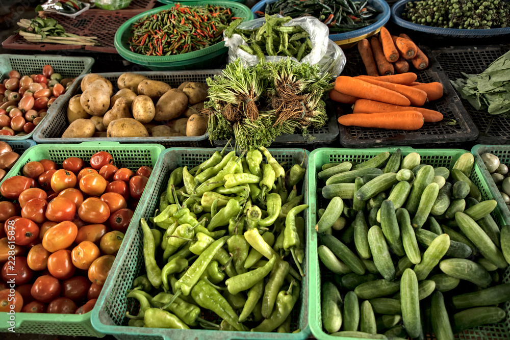 Close up image of various fresh vegetables at farmers market in bangkok, thailand