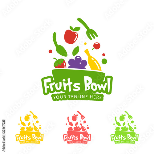 Happy healthy smoothie fruits bowl logo icon symbol color and one color set