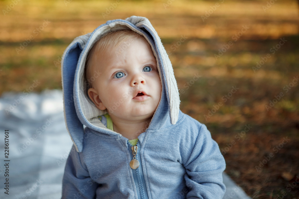 Seven-month baby Boy with blue eyes in a suit of a hare on a plaid in the autumn forest. Seven-month baby Boy with blue eyes in a suit of a hare on a plaid in the autumn forest.