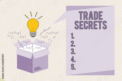 Conceptual hand writing showing Trade Secrets. Business photo text Technique used by a company in analysisufacturing its products. photo