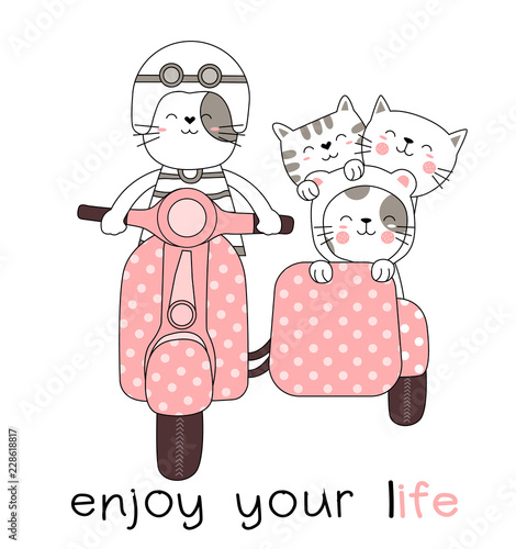 Cute baby catl with motorcycle cartoon hand drawn style photo