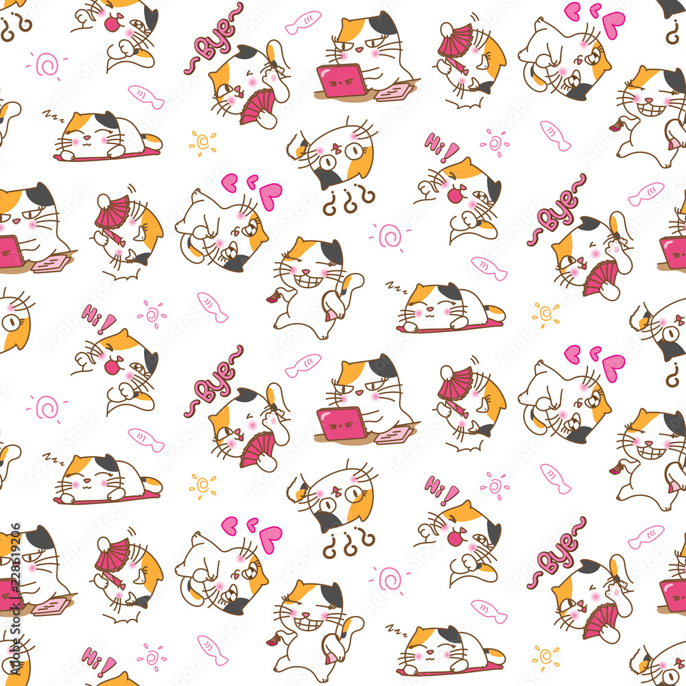 Pretty cat in different emotions and expressions seamless pattern background