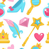 Princess with fairy elements, unicorn and magic wand seamless pattern isolated on white background vector.