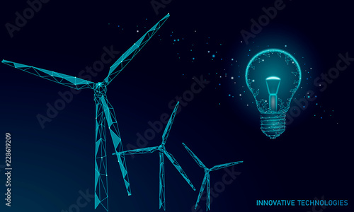 Light bulb windmills idea business concept. Ecology save environment wind green energy sustainable power. Eco global planet solution. Blue low poly polygonal 3D triangle vector illustration art