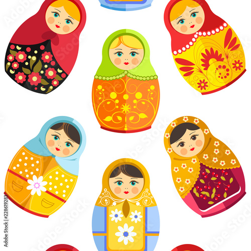 Russian nesting doll, traditional wooden souvenir from Russia seamless pattern isolated on white vector.
