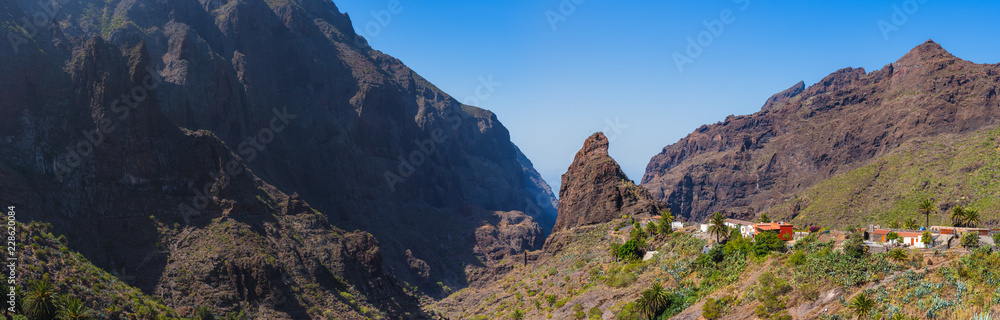 Magnificent panorama of the gorge and the village of Masca.Tenerife. Canary Islands..Spain