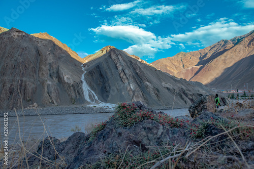 Beautiful natural landscape with mountains and Indus river at Alchi village, Ladakh India.