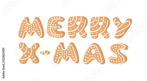 Cartoon vector illustration Ginger bread Cookies text: Merry X-mas. Hand drawn Christmas font. Actual Creative Holidays bake alphabet