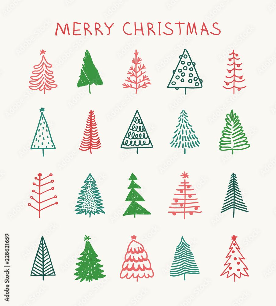 Hand drawn set of Christmas trees and Quote. Holidays background and Greetings. Abstract doodle drawing woods and text. Vector art illustration Hand drawn set of Christmas trees and Quote. Holidays background and Greetings. Abstract doodle drawing woods and text. Vector art illustration
