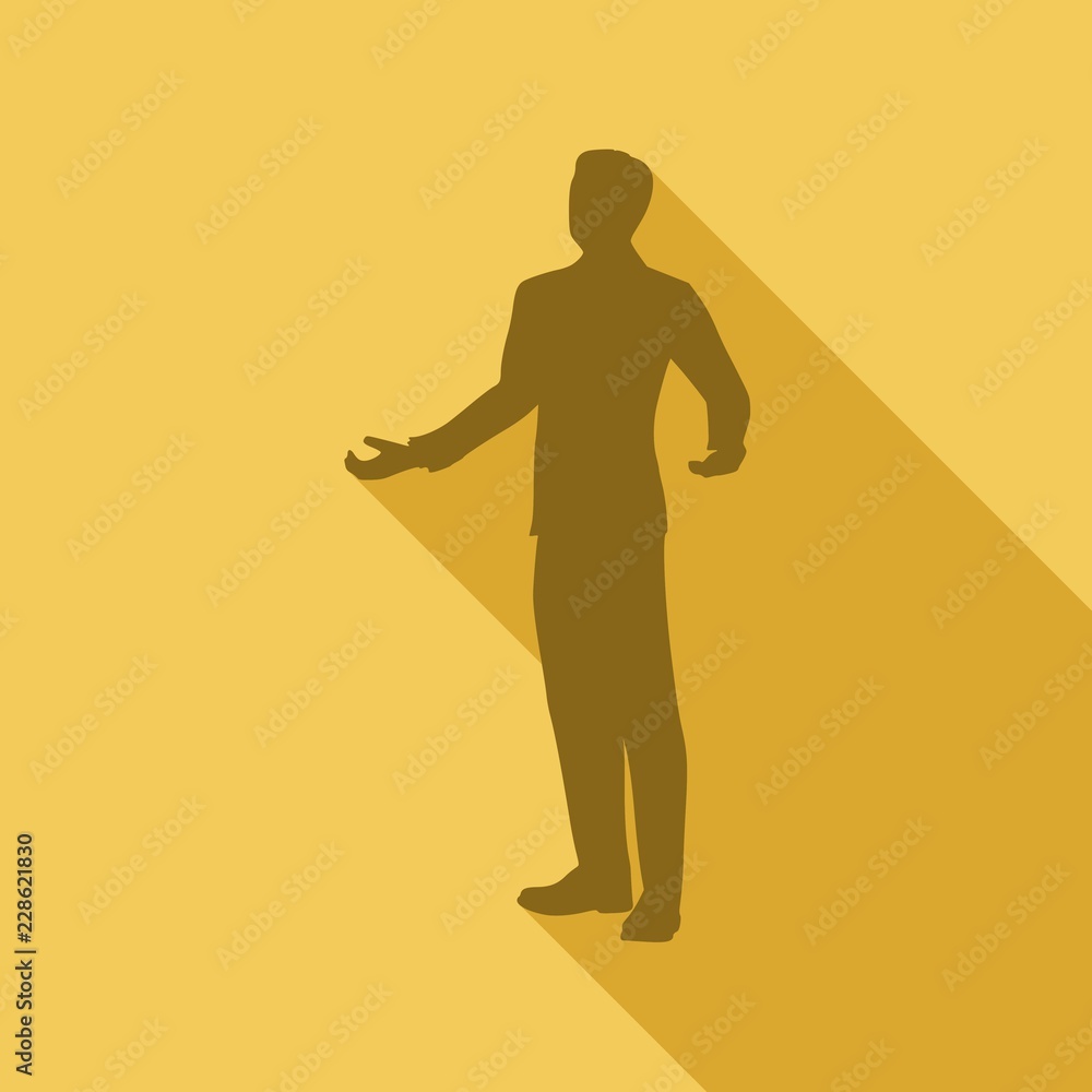 Silhouette of businessman in wizard pose. Web icon with long shadows for application