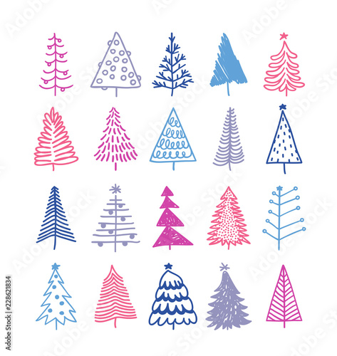 Hand drawn set of Christmas trees. Holidays background. Abstract  doodle drawing woods. Vector art illustration