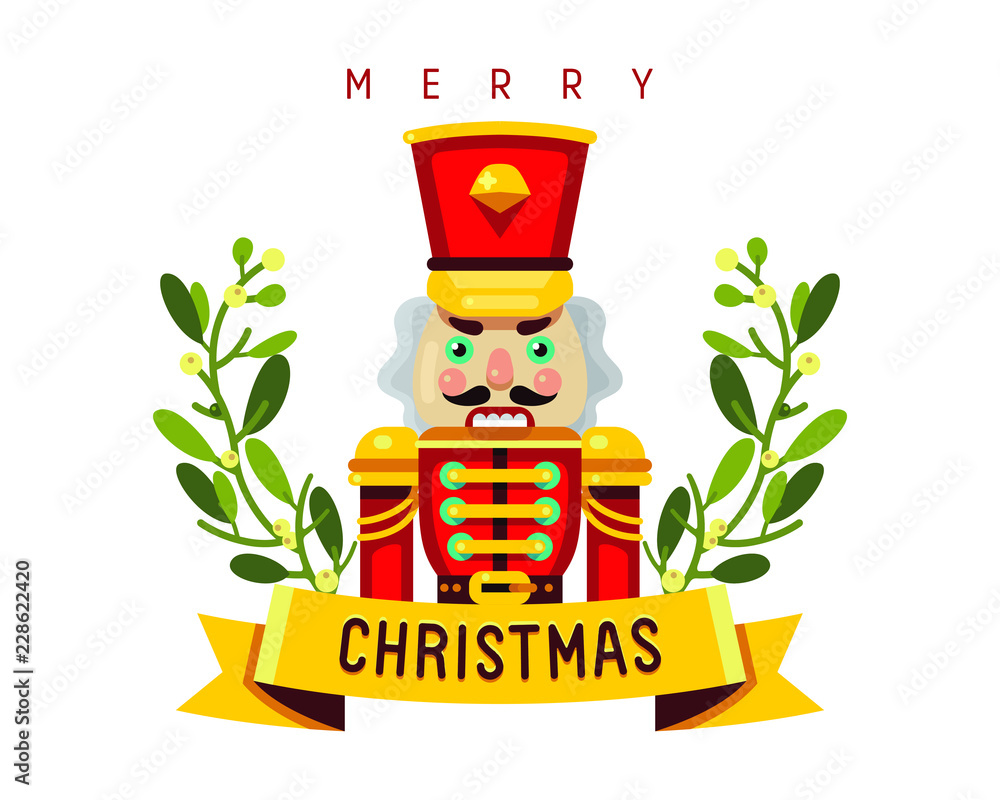 merry christmas nutcracker with mistletoe wreath flat style vector