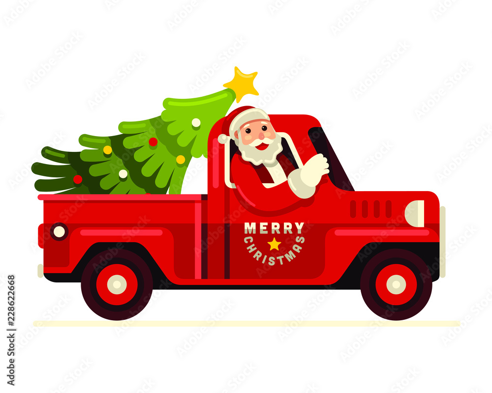 Merry Christmas! Santa claus driving truck with christmas tree vector
