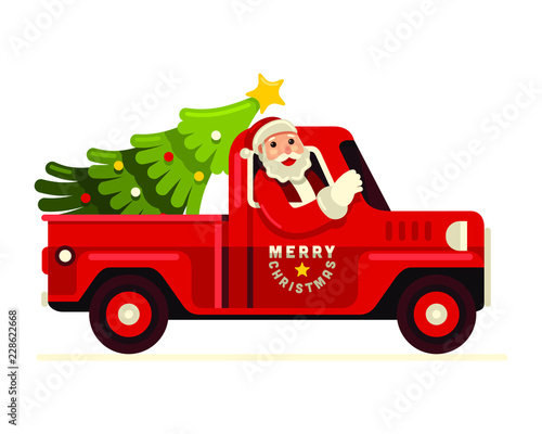 Merry Christmas! Santa claus driving  truck with christmas tree vector illustration