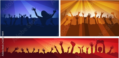 Human silhouettes in massive crowd with raised hands that hold modern devices in colorful neon spotlights at concert cartoon flat vector illustrations
