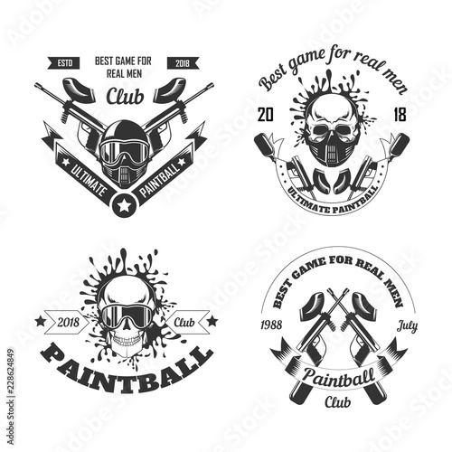 Paintball game sport club logo templates of gamer shooting target or paint ball gun