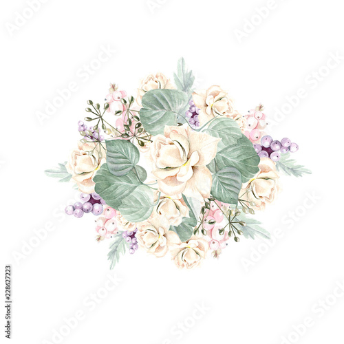 Watercolor bouquet with flowers, roses, plants, berries and leaves.