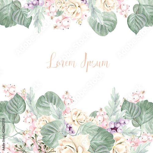 Beautiful watercolor wedding card with leaves and flowers of  roses, berries