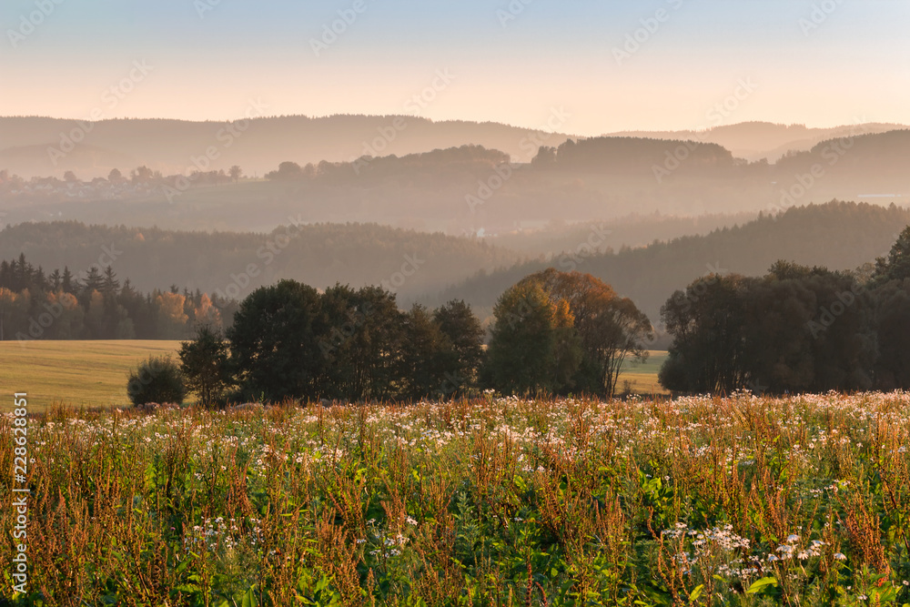 Nice sunset on hills with flower on meadow, Czech landscape