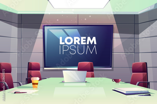 Business meeting or conference room interior cartoon vector illustration with comfortable armchairs, laptop on table and large screen for presentations on wall. Company boardroom negotiation concept