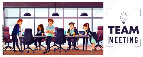 Business startup team meeting cartoon vector concept with entrepreneurs or office workers multinational characters working together  discussing plans  brainstorming business ideas in conference room
