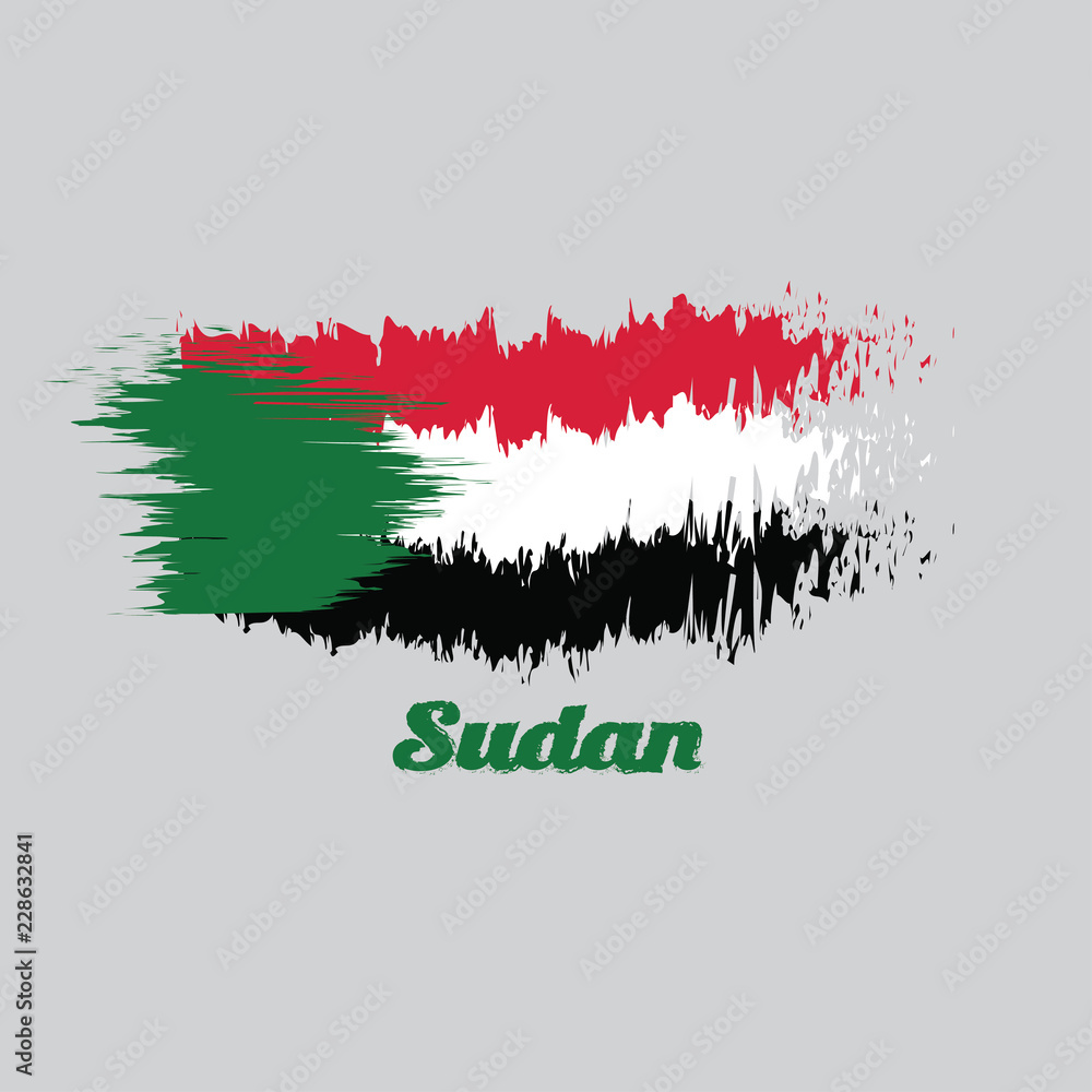 Brush style color flag of Sudan, red white and black; with a green triangle based at the hoist with text Sudan. Brush style color flag of Sudan, red white and black; with a green triangle based at the hoist with text Sudan.